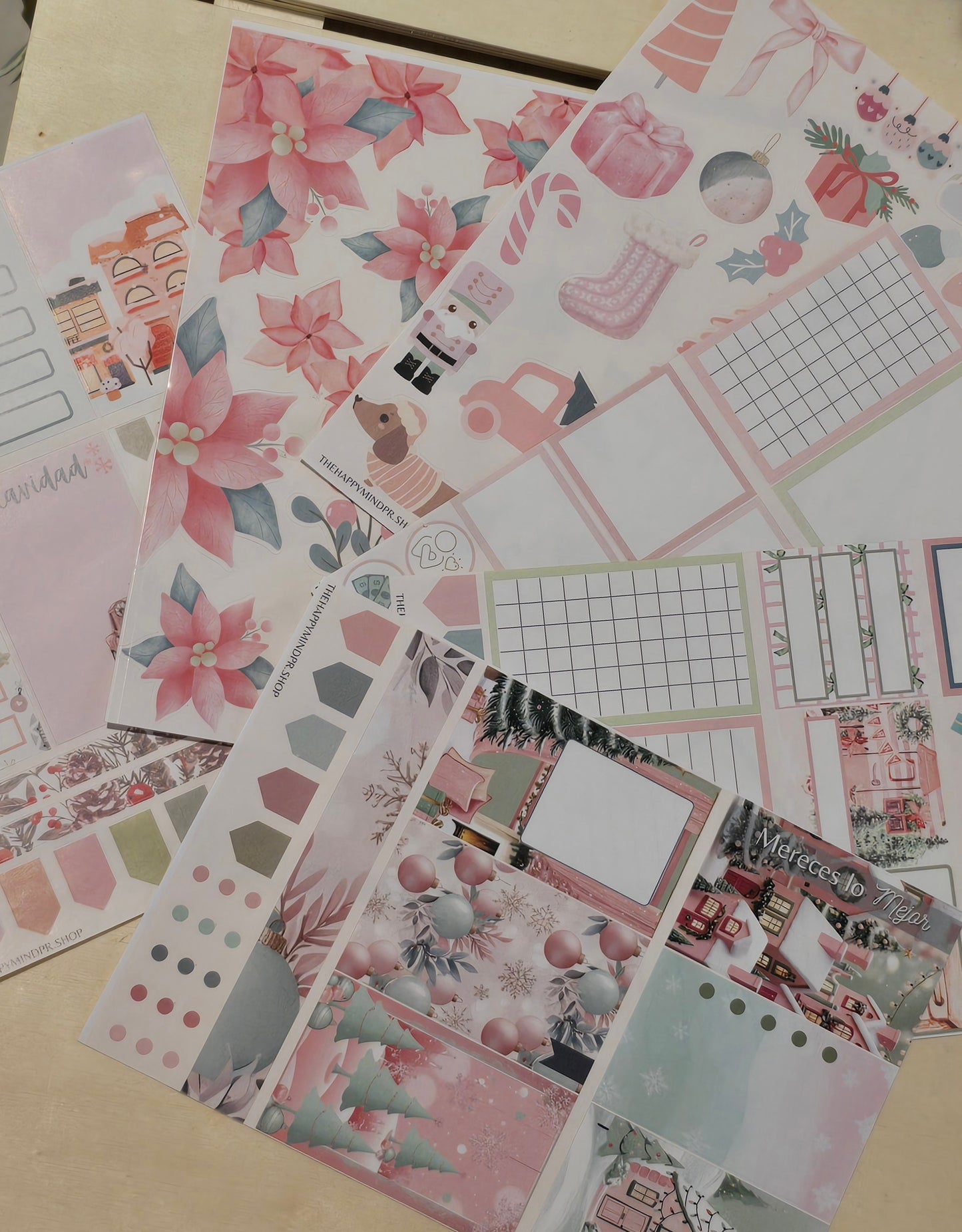 Set de Stickers (6 Hojas) "Pink Christmas" Para Agenda/Journal/Libretas
