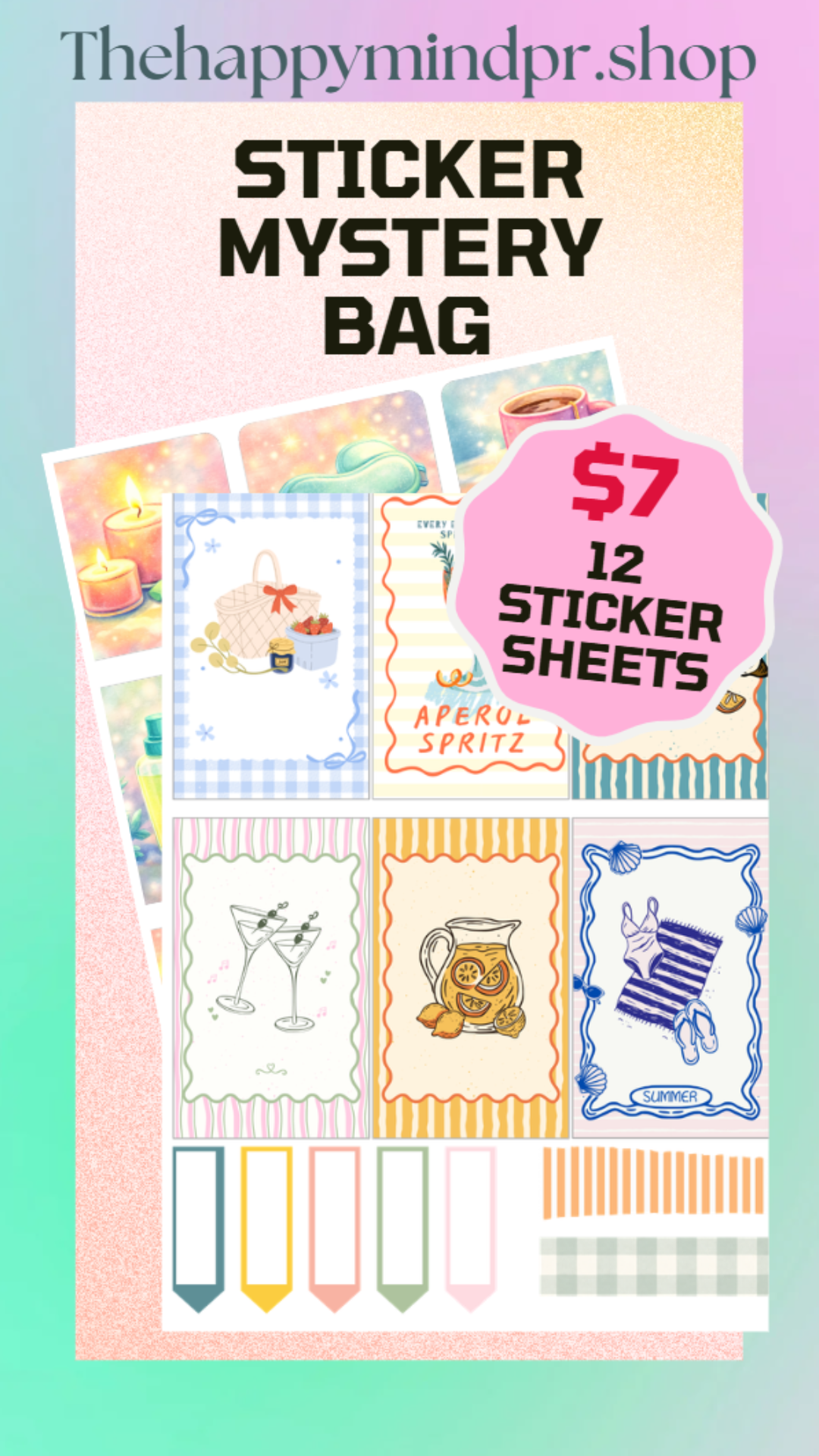 Bolsa sorpresa de 12 hojas de stickers de vinil impermeables - The Happy Mind PR